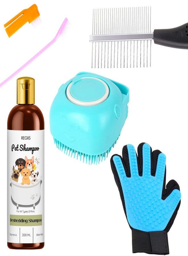 REGIIS Pet Grooming Kit with Deshedding Shampoo, Massage Brush, Grooming Glove, Metal Comb, 200ml(5 Pack) - Image 1